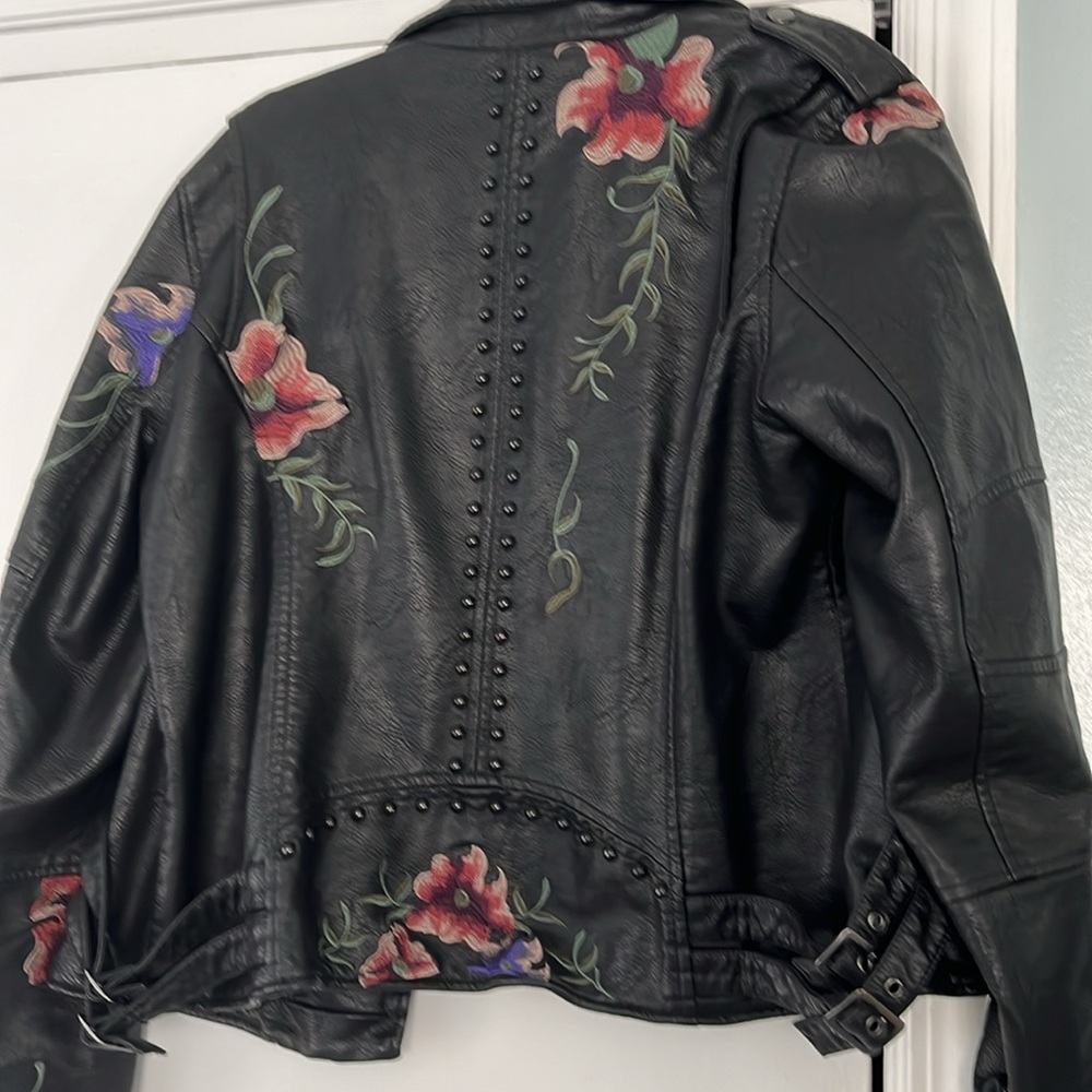 Colleen Lopez, black faux, leather jacket with flower embroidery - Picture 2 of 2